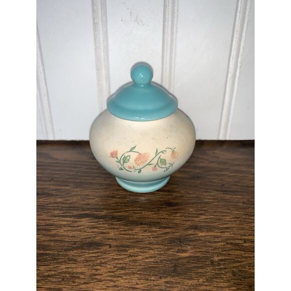 Vintage Small 3” Pottery Lidded Fragrance Jar - Turquoise Blue w/ Pink Florals - Picture 1 of 4